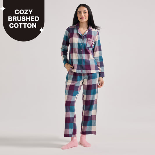 NYKD by Nykaa cozy brushed cotton pajama set of 2-relaxed fit night suit NYS902-Grape & Blue