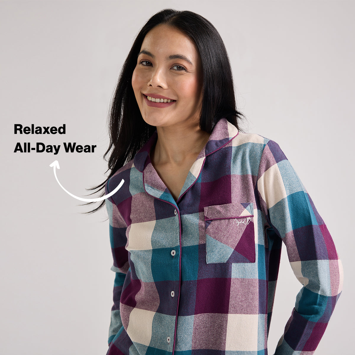 NYKD by Nykaa cozy brushed cotton pajama set of 2-relaxed fit night suit NYS902-Grape & Blue