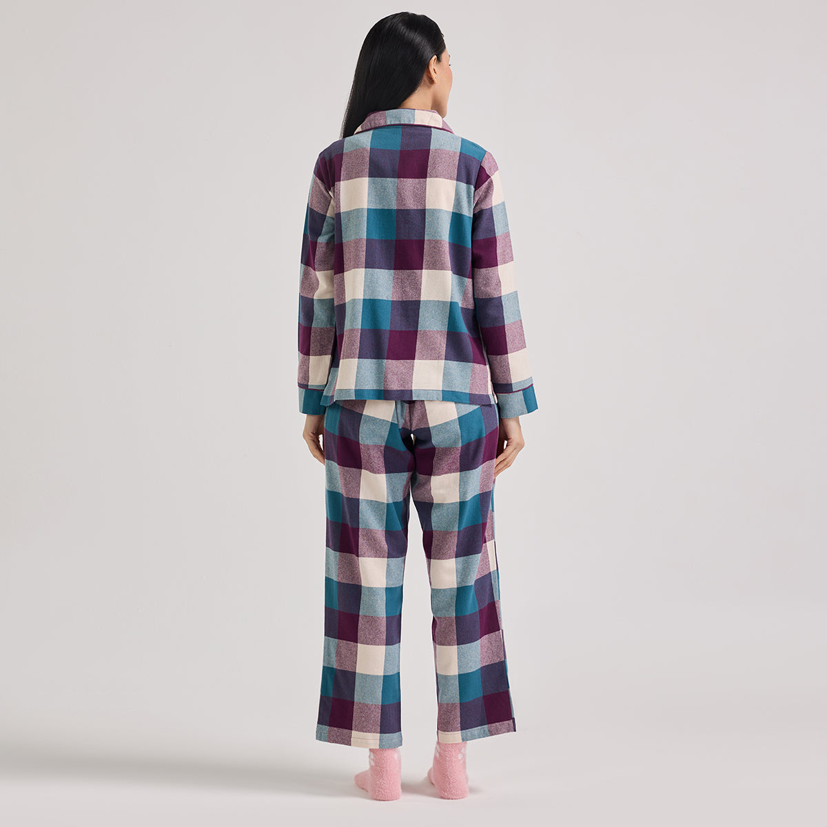 NYKD by Nykaa cozy brushed cotton pajama set of 2-relaxed fit night suit NYS902-Grape & Blue