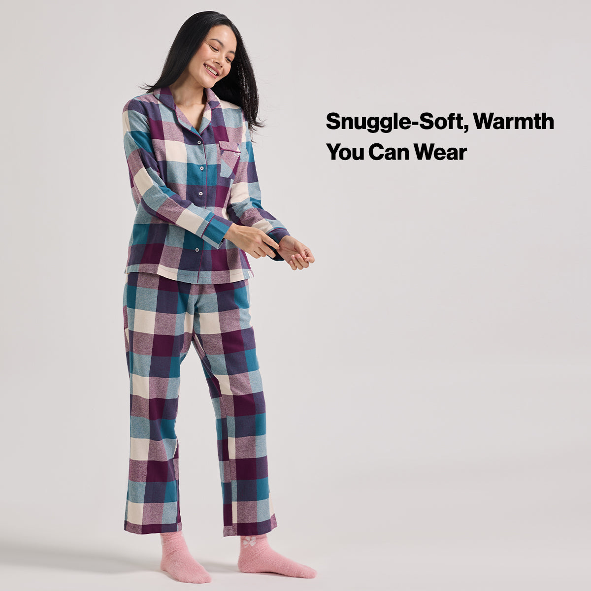NYKD by Nykaa cozy brushed cotton pajama set of 2-relaxed fit night suit NYS902-Grape & Blue