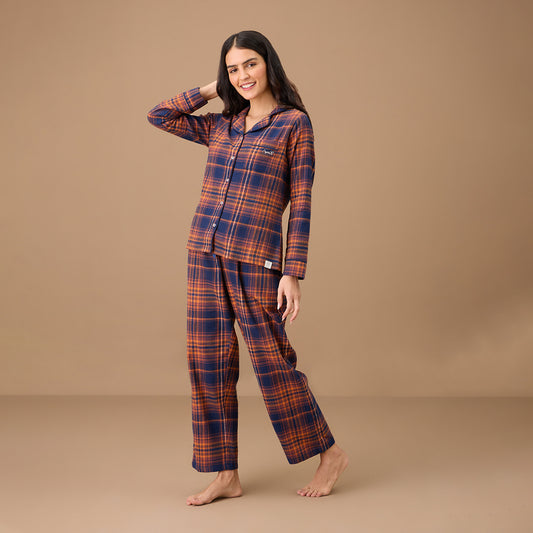 Brushed Pajama Set with Stylish Button Down Sleep Shirt - NYS902 -Navy Brown Plaid