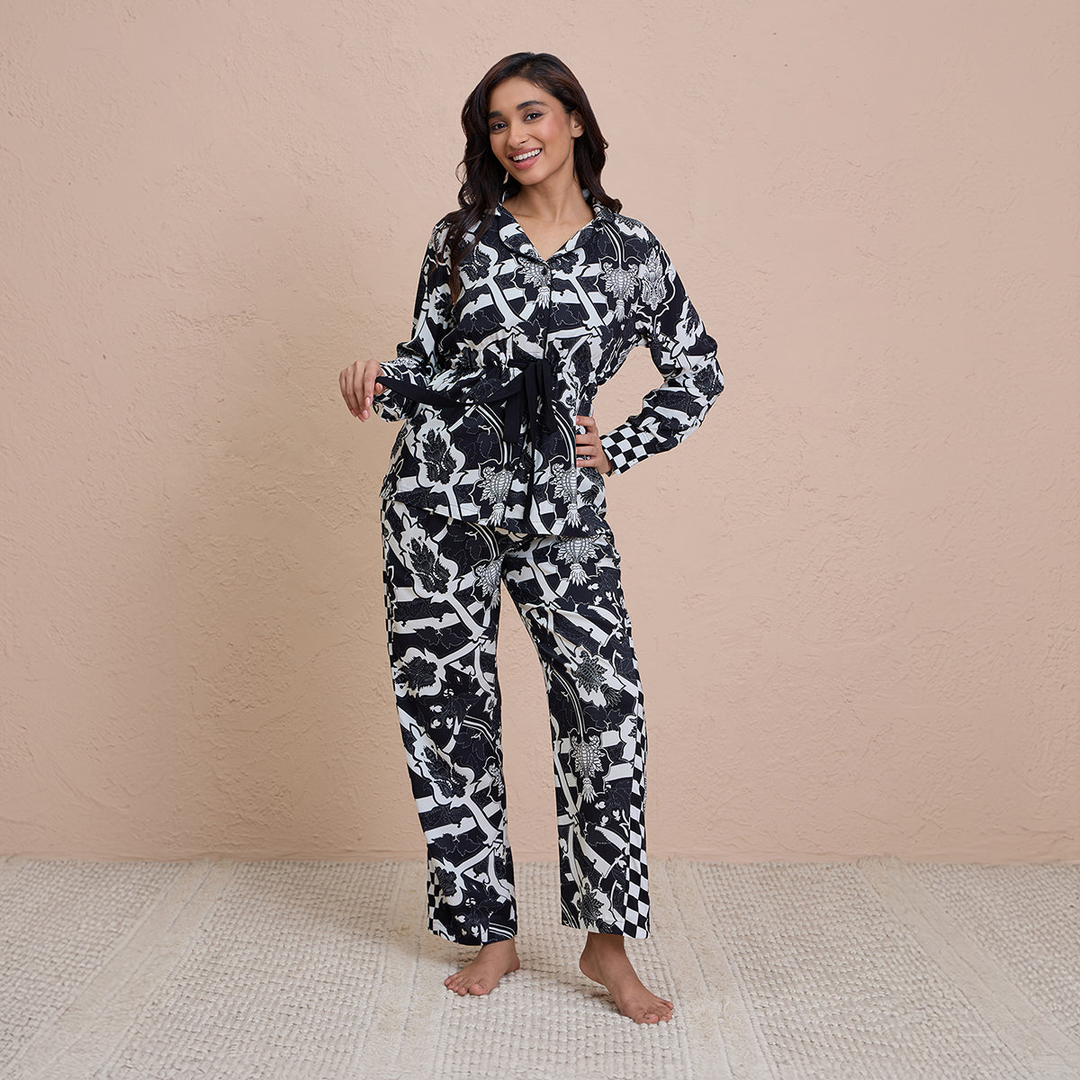 Comfy Pajama Set with Flattering Stylish Sleep Shirt in Rayon - NYS904 -Tropical Black Print