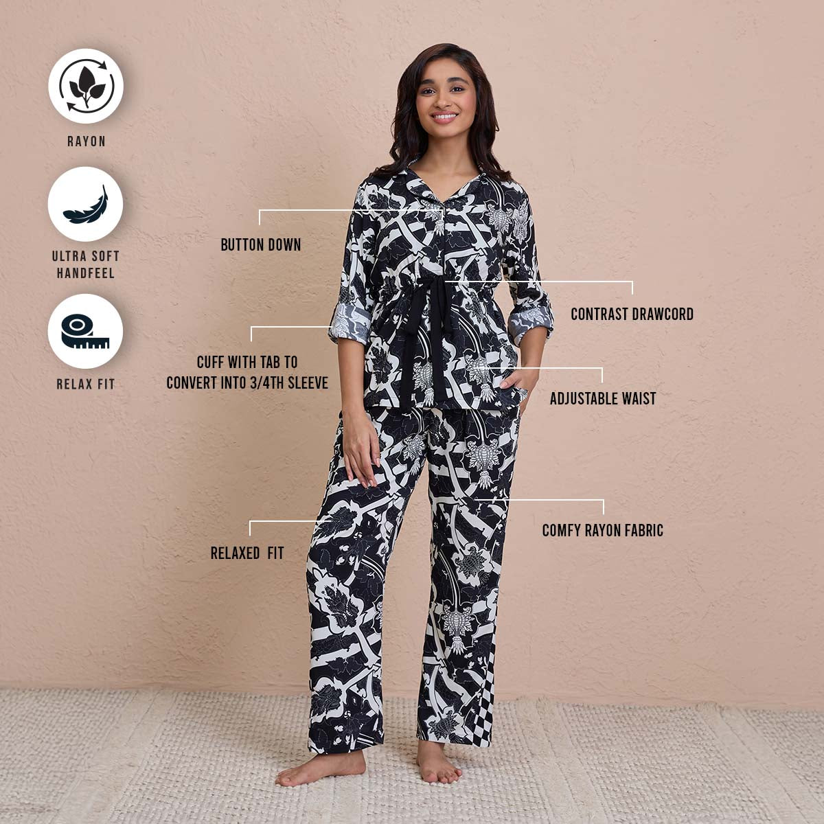 Comfy Pajama Set with Flattering Stylish Sleep Shirt in Rayon - NYS904 -Tropical Black Print