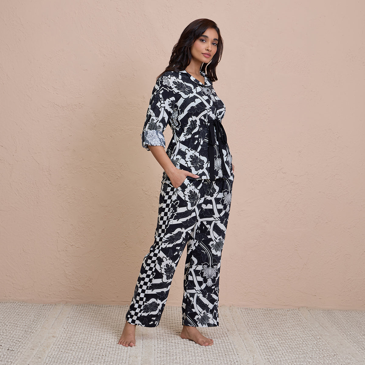 Comfy Pajama Set with Flattering Stylish Sleep Shirt in Rayon - NYS904 -Tropical Black Print