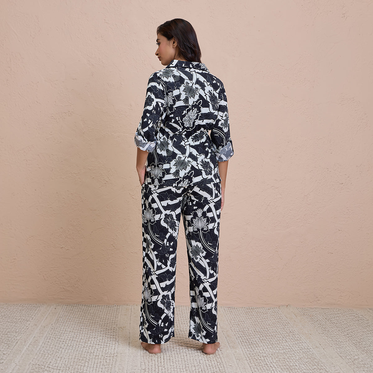 Comfy Pajama Set with Flattering Stylish Sleep Shirt in Rayon - NYS904 -Tropical Black Print