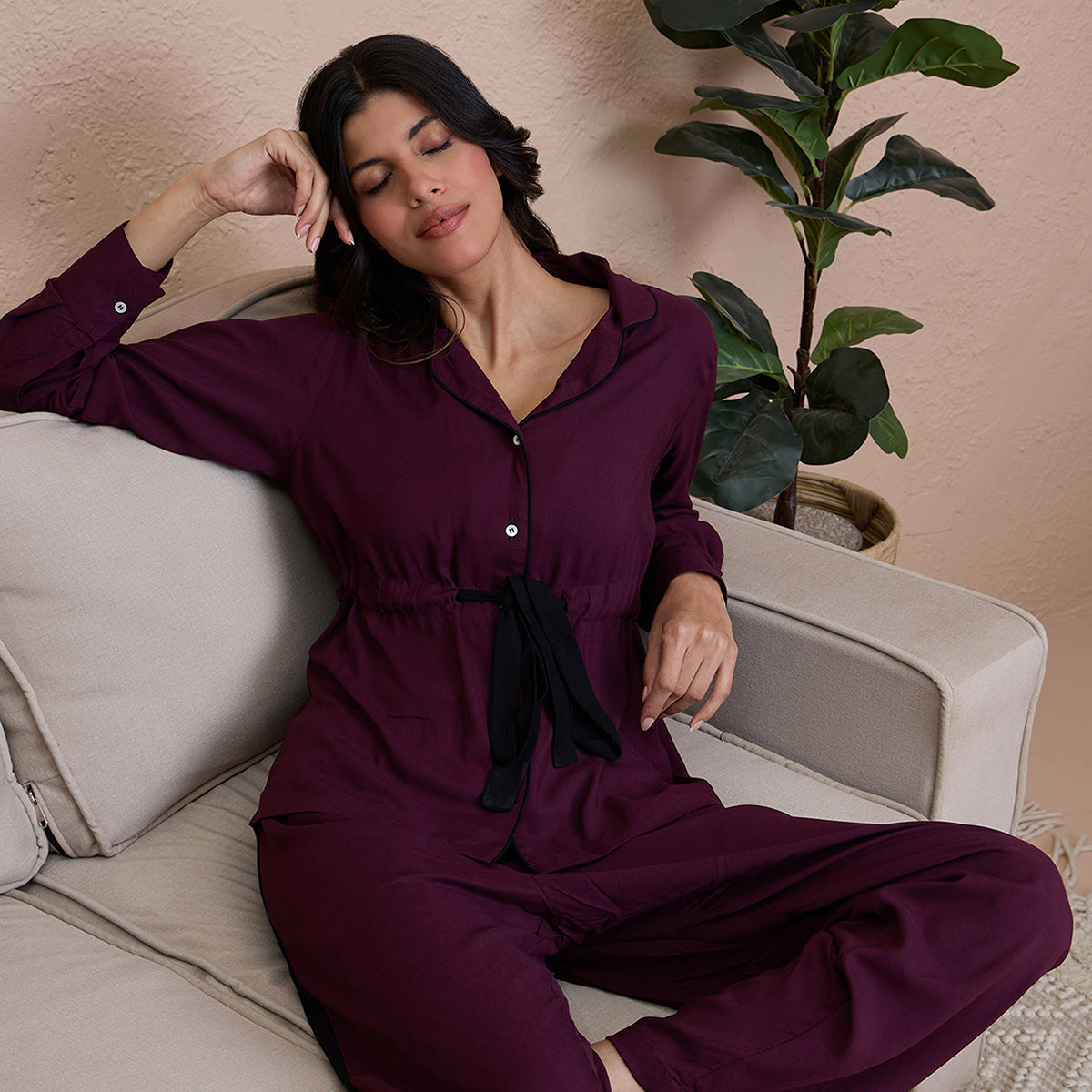 Comfy Pajama Set with Flattering Stylish Sleep Shirt in Rayon - NYS904 -Fig