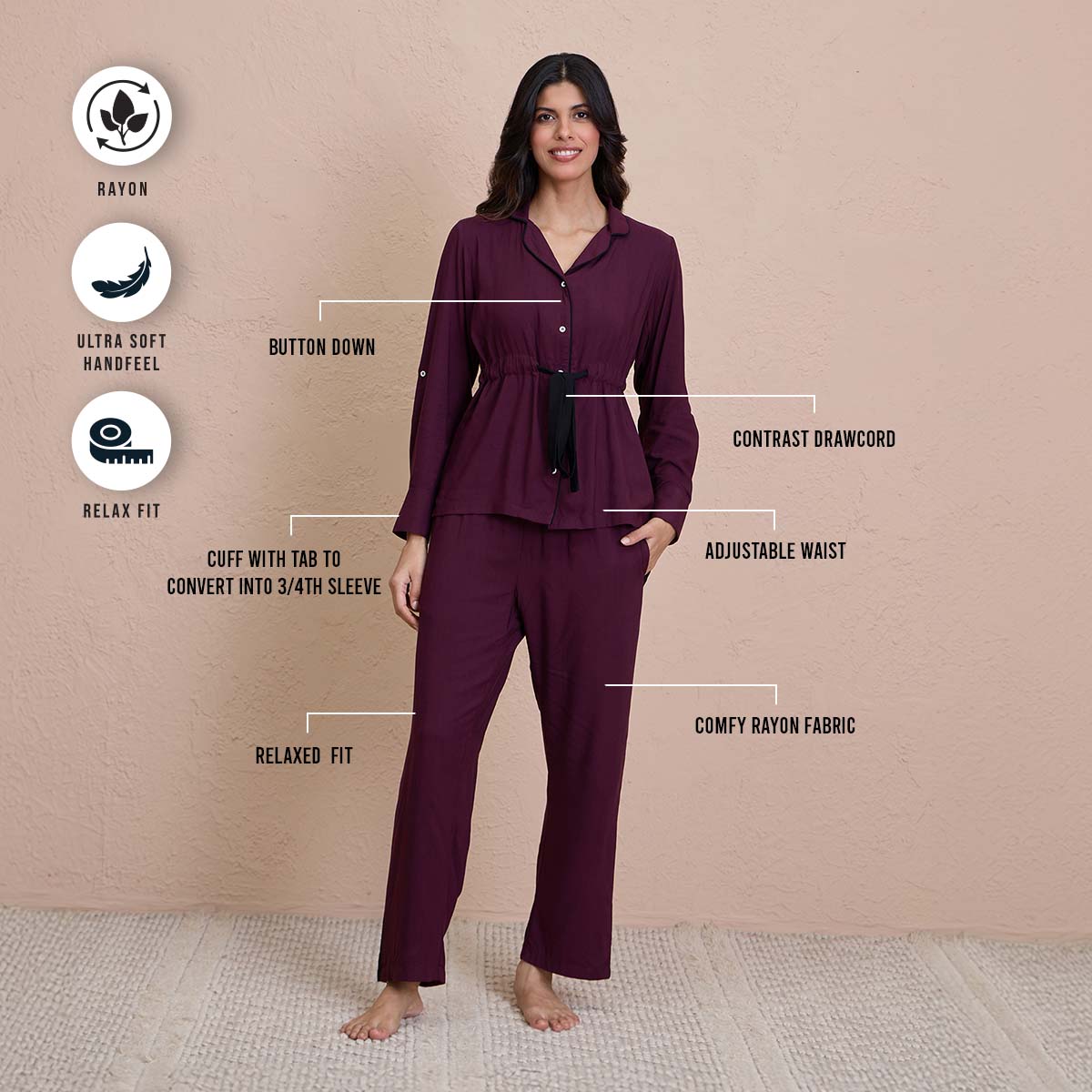 Comfy Pajama Set with Flattering Stylish Sleep Shirt in Rayon - NYS904 -Fig