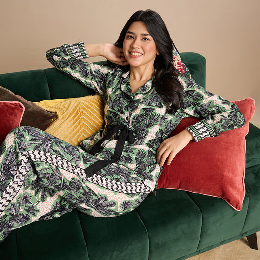 Comfy Pajama Set with Flattering Stylish Sleep Shirt in Rayon-NYS904-Green Print