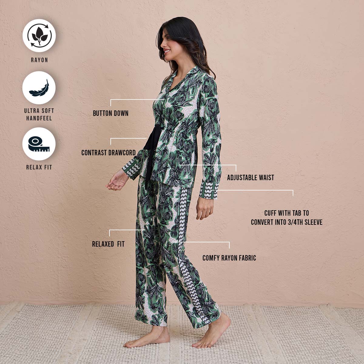 Comfy Pajama Set with Flattering Stylish Sleep Shirt in Rayon - NYS904 -Green Print