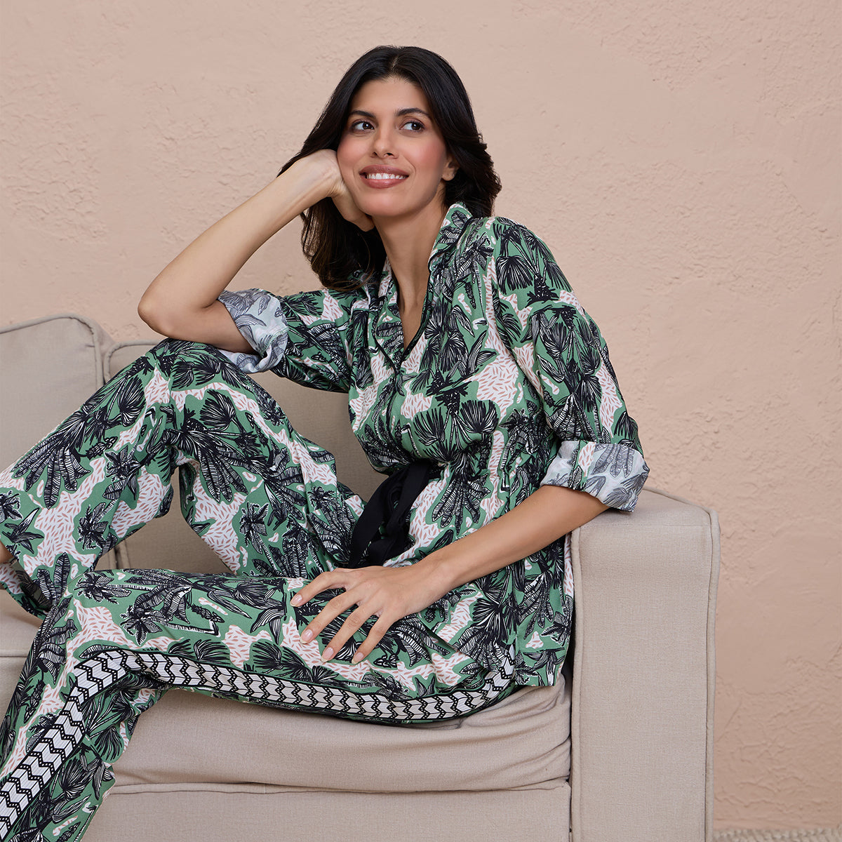 Comfy Pajama Set with Flattering Stylish Sleep Shirt in Rayon - NYS904 -Green Print