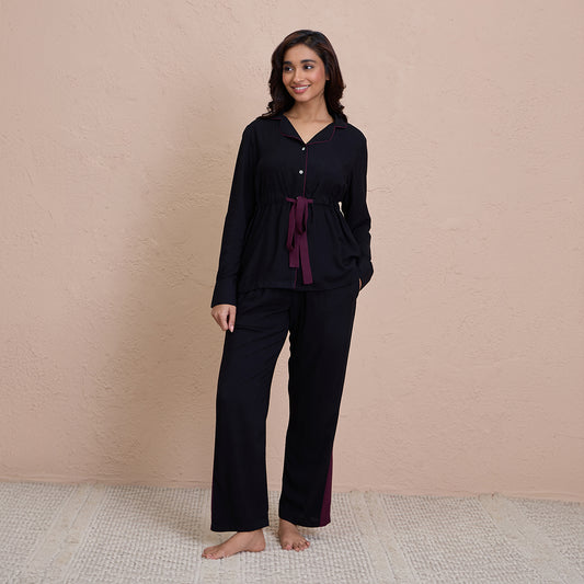 Comfy Pajama Set with Flattering Stylish Sleep Shirt in Rayon-NYS904-Black