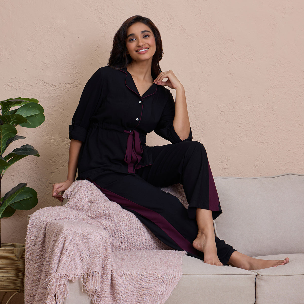 Comfy Pajama Set with Flattering Stylish Sleep Shirt in Rayon - NYS904 -Black