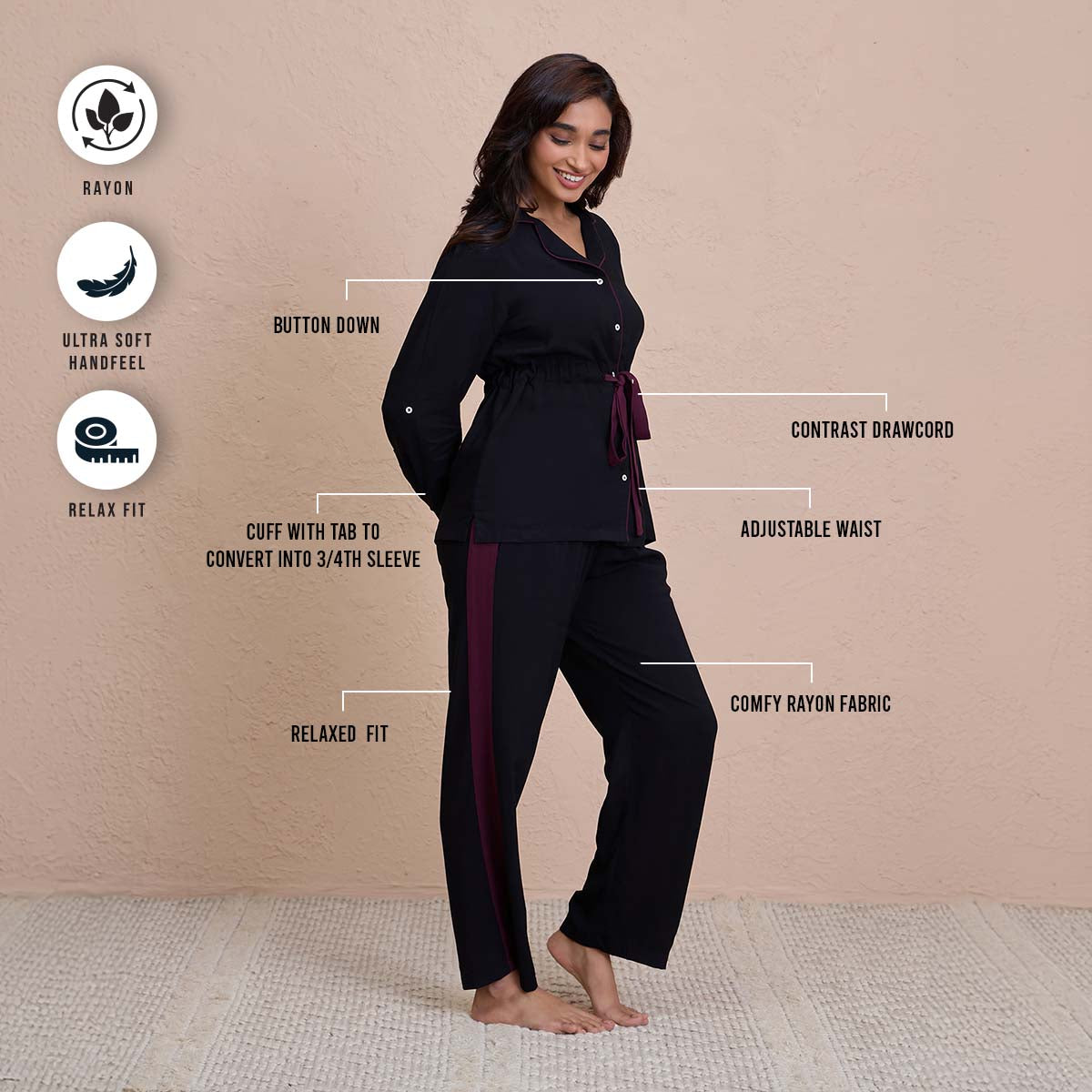 Comfy Pajama Set with Flattering Stylish Sleep Shirt in Rayon - NYS904 -Black