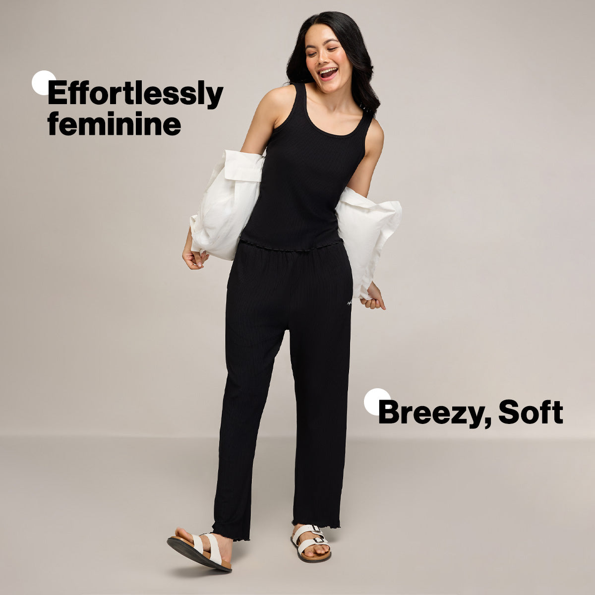 Nykd By Nykaa Essential Soft Ribbed Pyjama With Pockets & Curled Hem Detail Nys909 Black