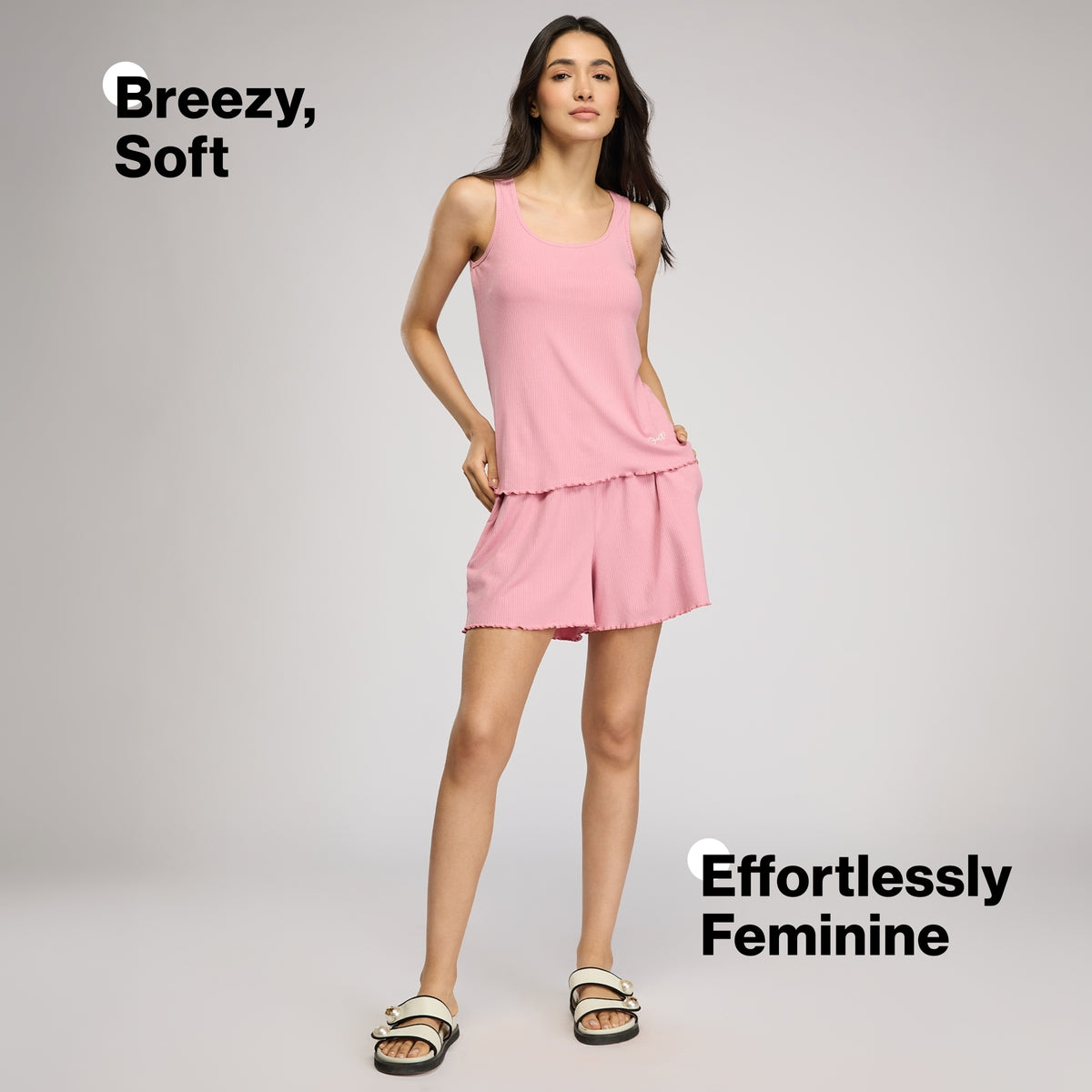 Nykd By Nykaa Essential Soft Ribbed Pyjama With Pockets & Curled Hem Detail Nys909 Pink