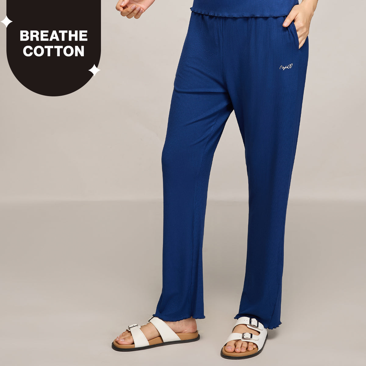 Nykd By Nykaa Essential Soft Ribbed Pyjama With Pockets & Curled Hem Detail Nys909 Navy Blue