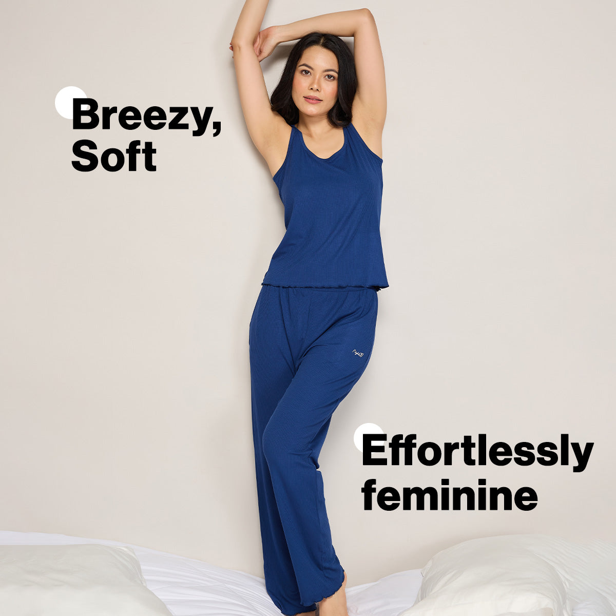 Nykd By Nykaa Essential Soft Ribbed Pyjama With Pockets & Curled Hem Detail Nys909 Navy Blue
