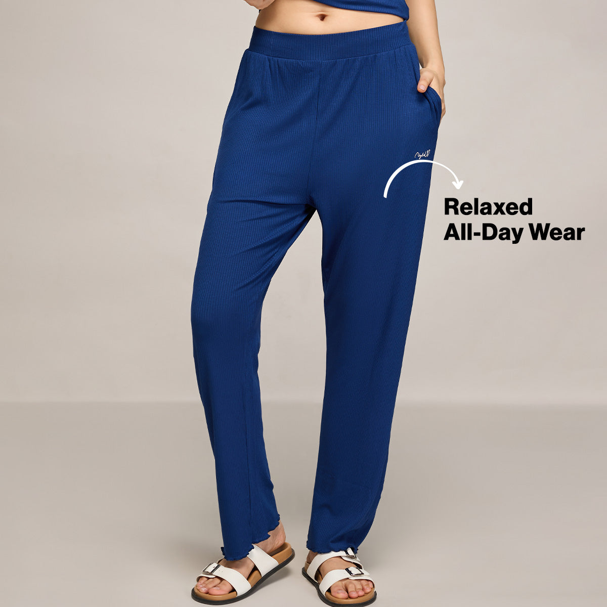 Nykd By Nykaa Essential Soft Ribbed Pyjama With Pockets & Curled Hem Detail Nys909 Navy Blue