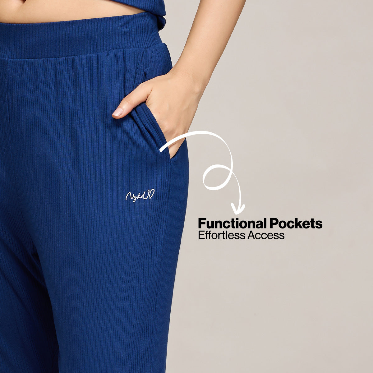 Nykd By Nykaa Essential Soft Ribbed Pyjama With Pockets & Curled Hem Detail Nys909 Navy Blue