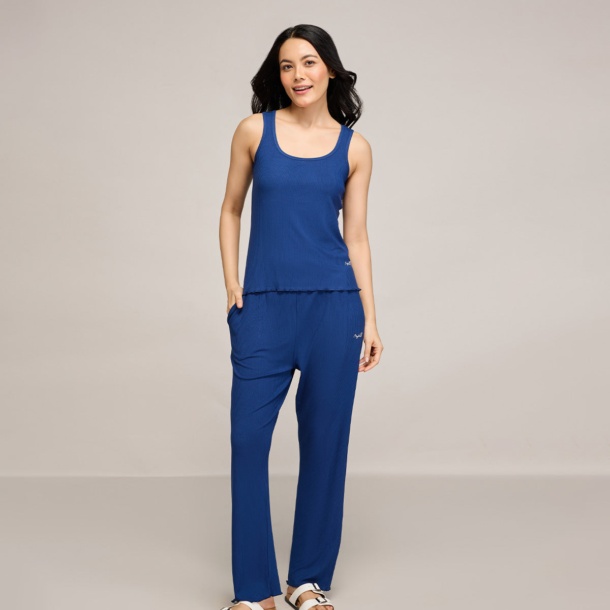 Nykd By Nykaa Essential Soft Ribbed Pyjama With Pockets & Curled Hem Detail Nys909 Navy Blue