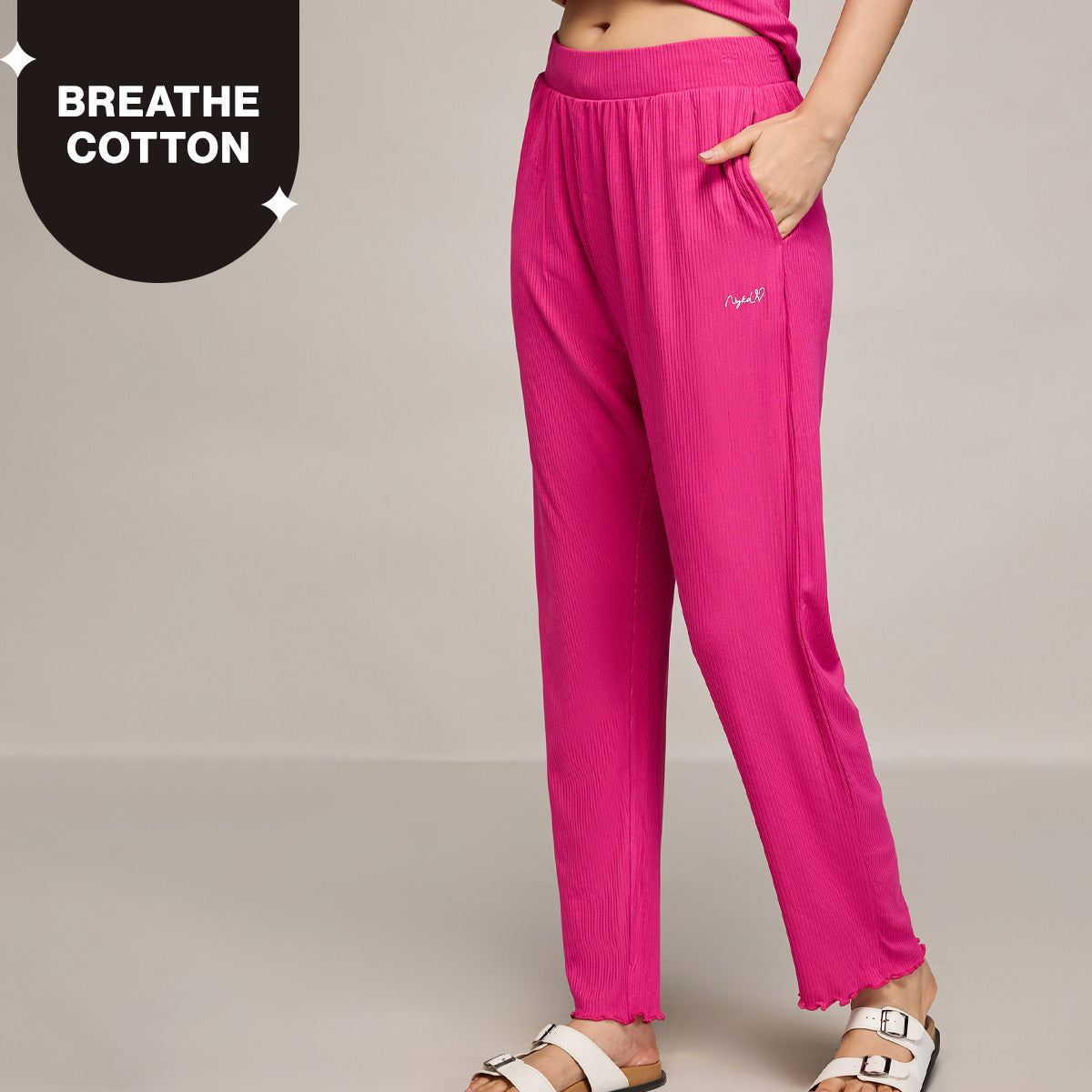 Nykd By Nykaa Essential Soft Ribbed Pyjama With Pockets & Curled Hem Detail Nys909 Magenta