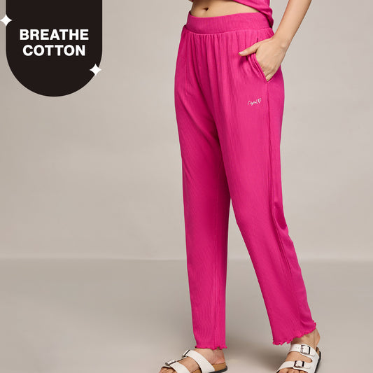 Nykd By Nykaa Essential Soft Ribbed Pyjama With Pockets & Curled Hem Detail Nys909 Magenta