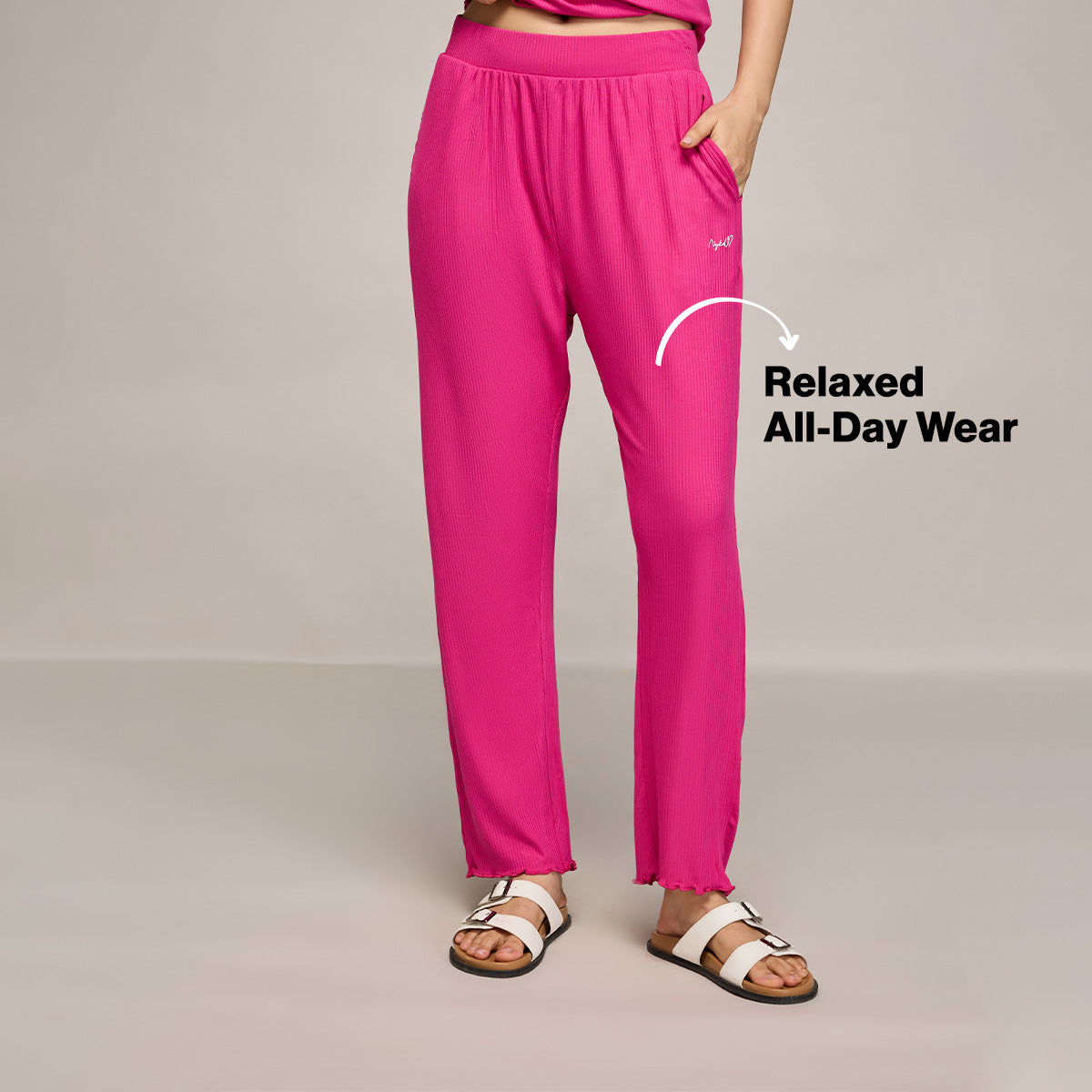 Nykd By Nykaa Essential Soft Ribbed Pyjama With Pockets & Curled Hem Detail Nys909 Magenta