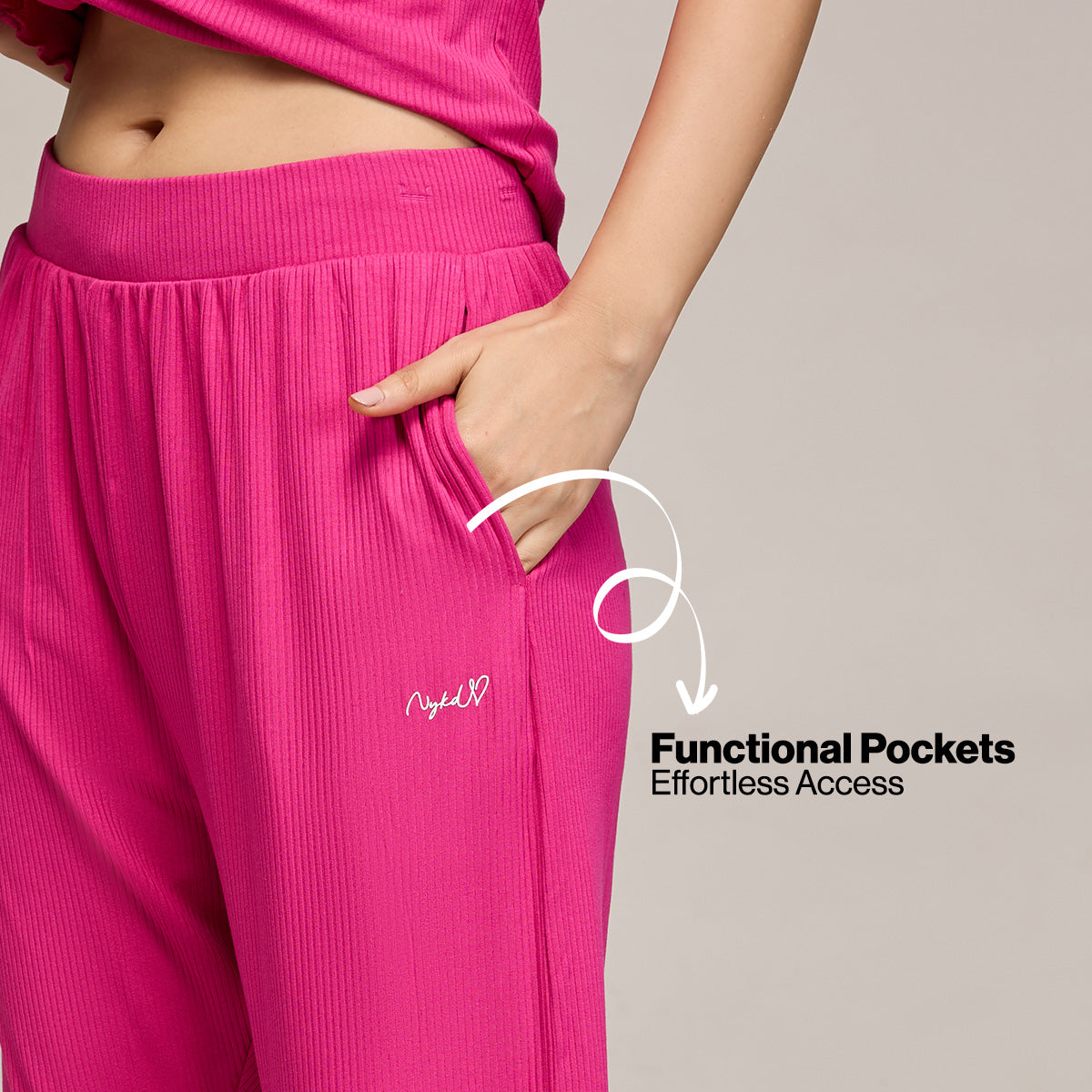 Nykd By Nykaa Essential Soft Ribbed Pyjama With Pockets & Curled Hem Detail Nys909 Magenta
