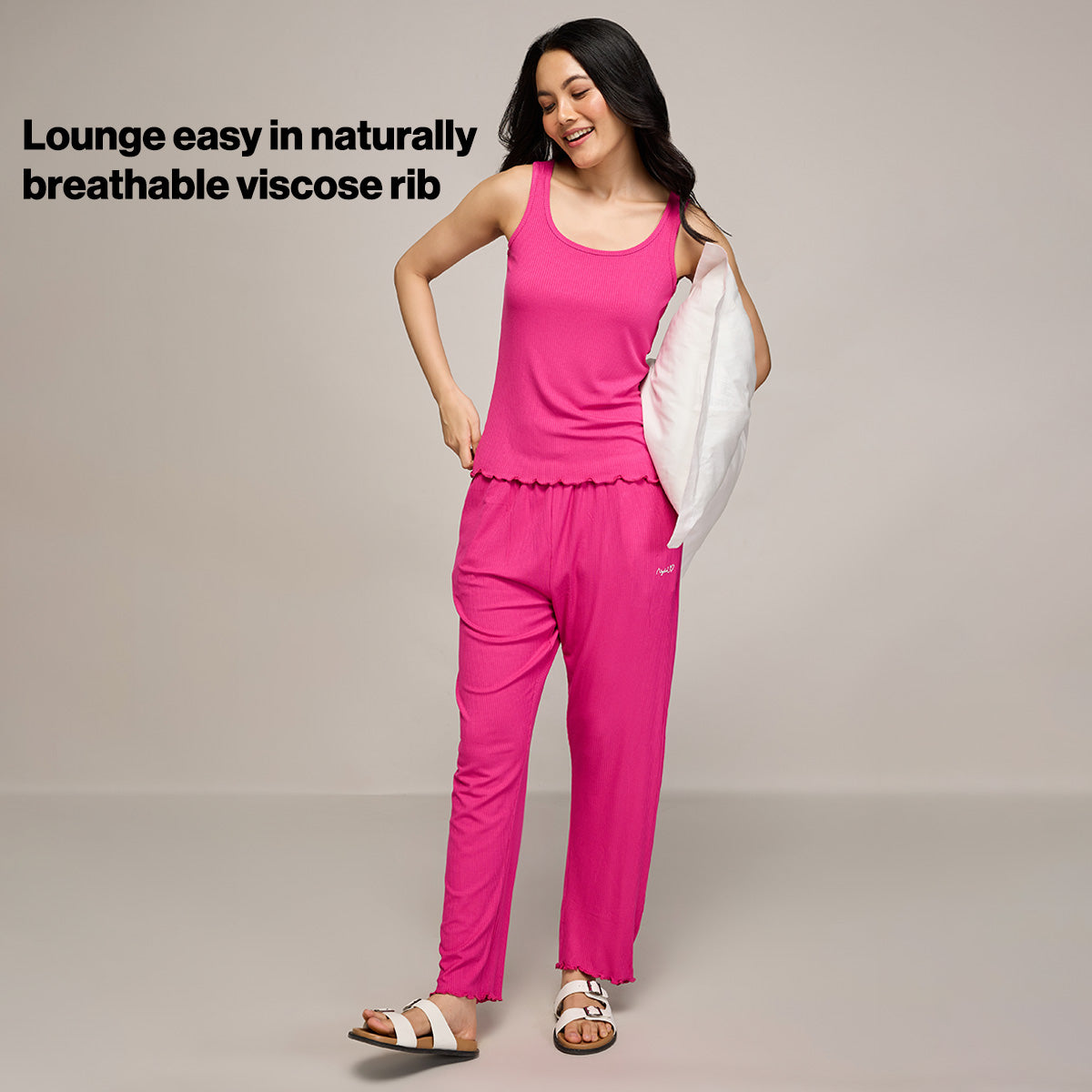 Nykd By Nykaa Essential Soft Ribbed Pyjama With Pockets & Curled Hem Detail Nys909 Magenta