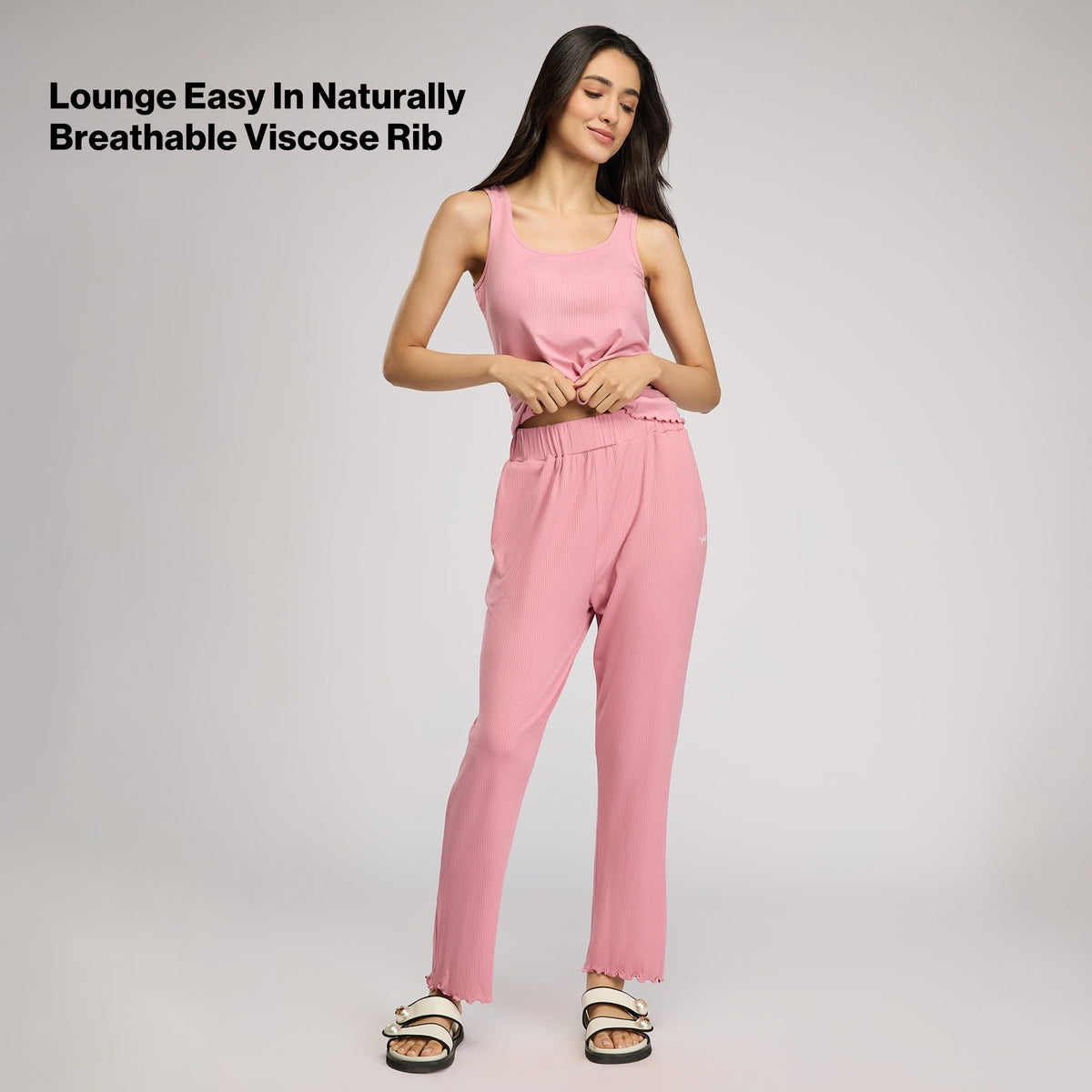Rib Lounge Pajamas in Super Soft & Comfy Viscose Stretch-NYS909-Pink