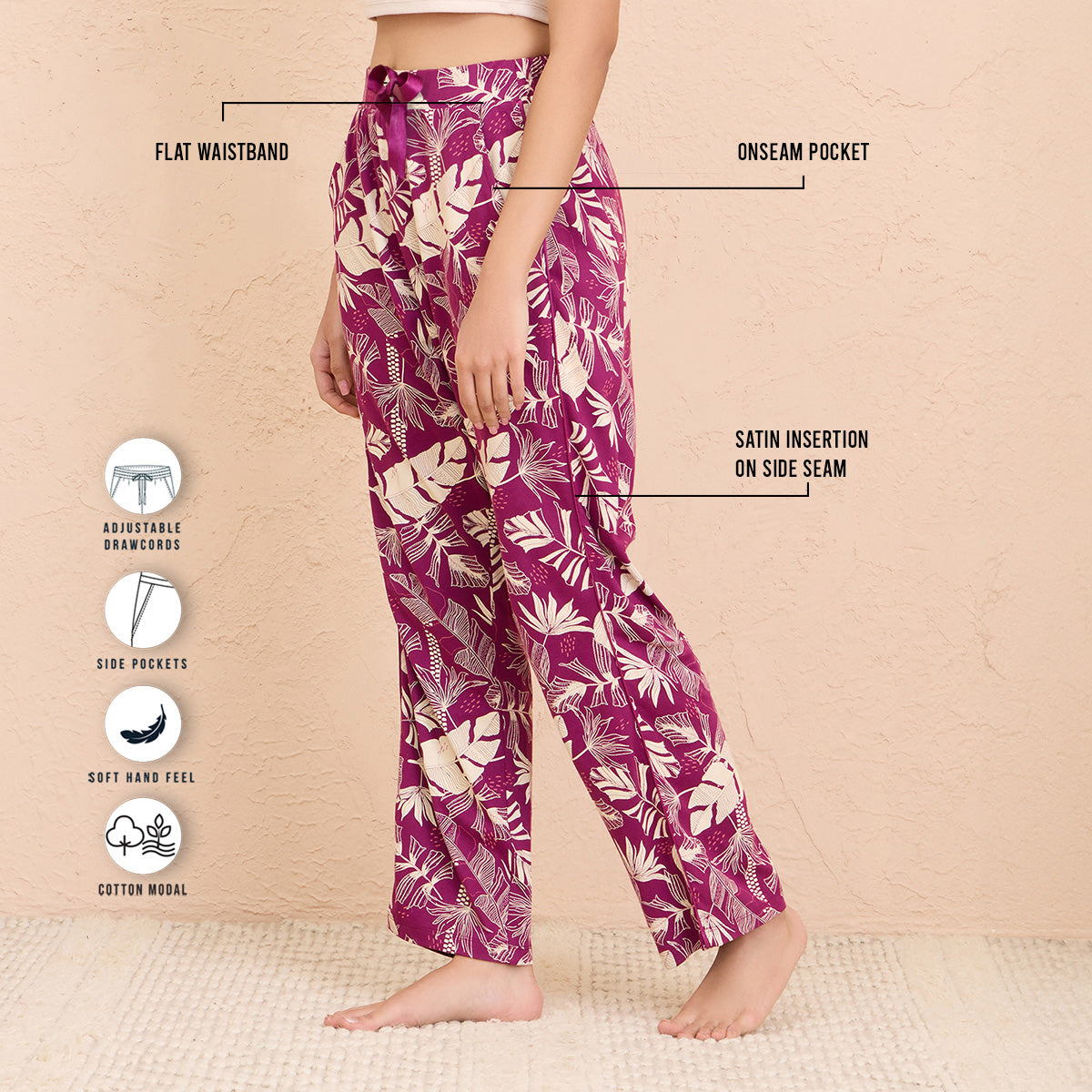 Nykd By Nykaa Sleep Essential Super Comfy Cotton-Modal Pajama-NYS911-Wine Banana Leaf