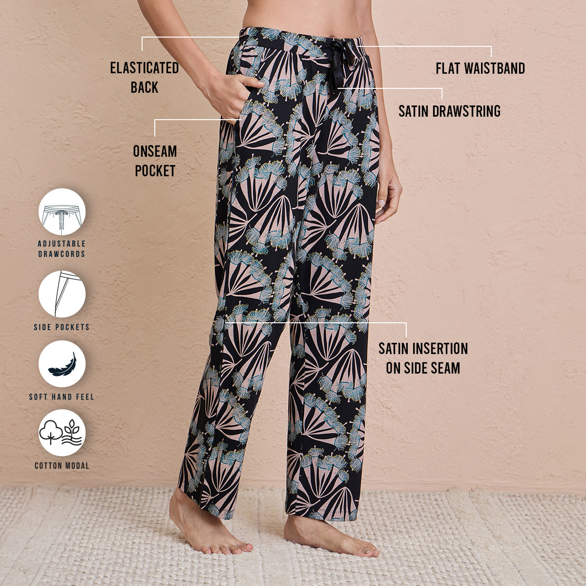 Cotton Modal Pajamas in Comfy Relaxed Fit - NYS911-Pollen Black Print