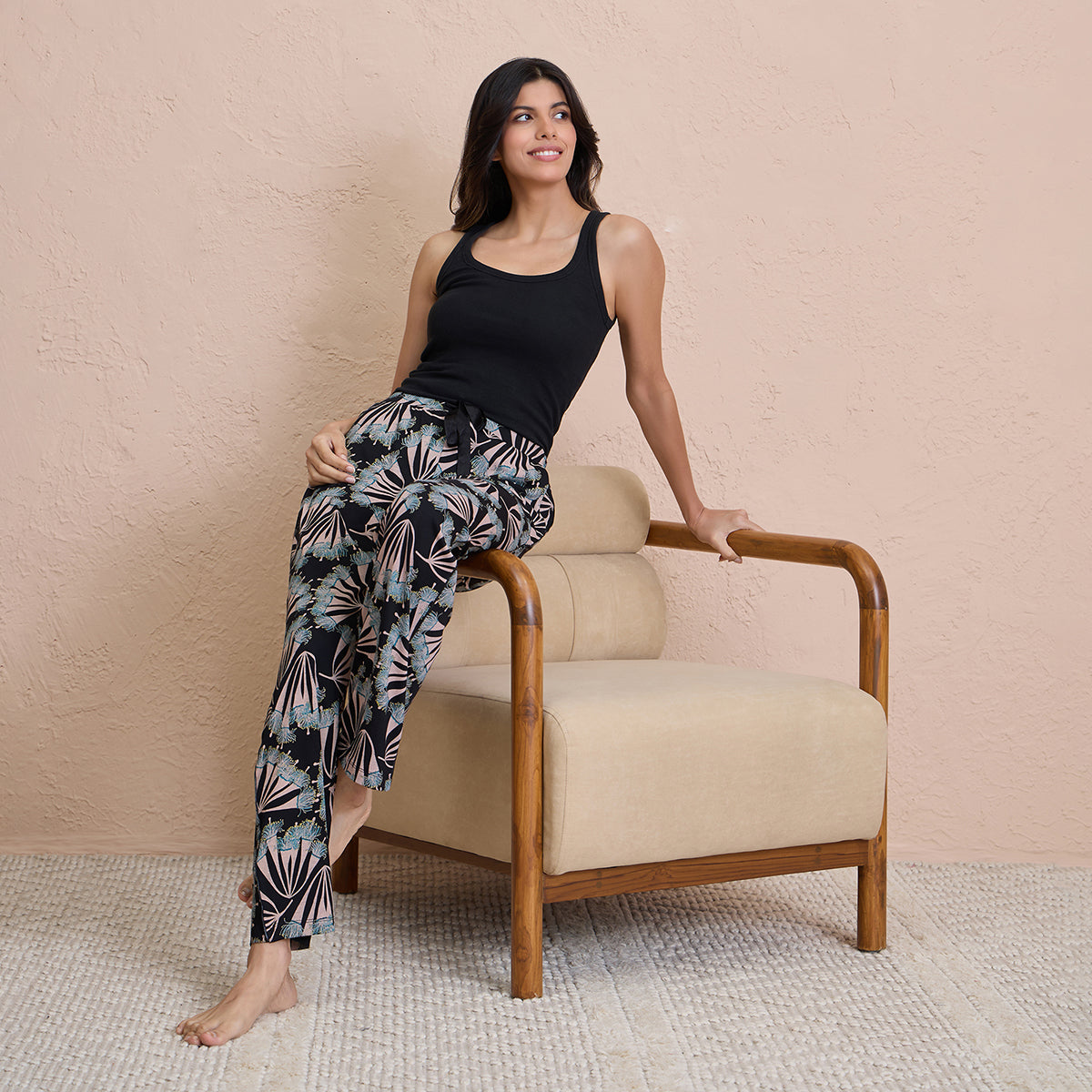 Cotton Modal Pajamas in Comfy Relaxed Fit - NYS911-Pollen Black Print