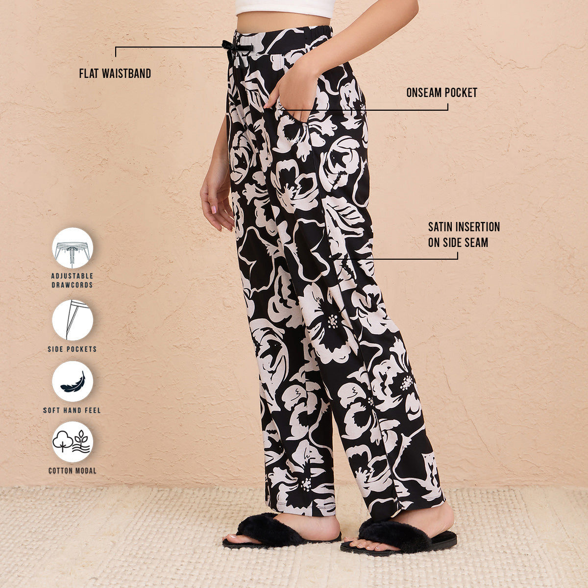 Nykd By Nykaa Sleep Essential Super Comfy Cotton-Modal Pajama- NYS911- Black and White Floral