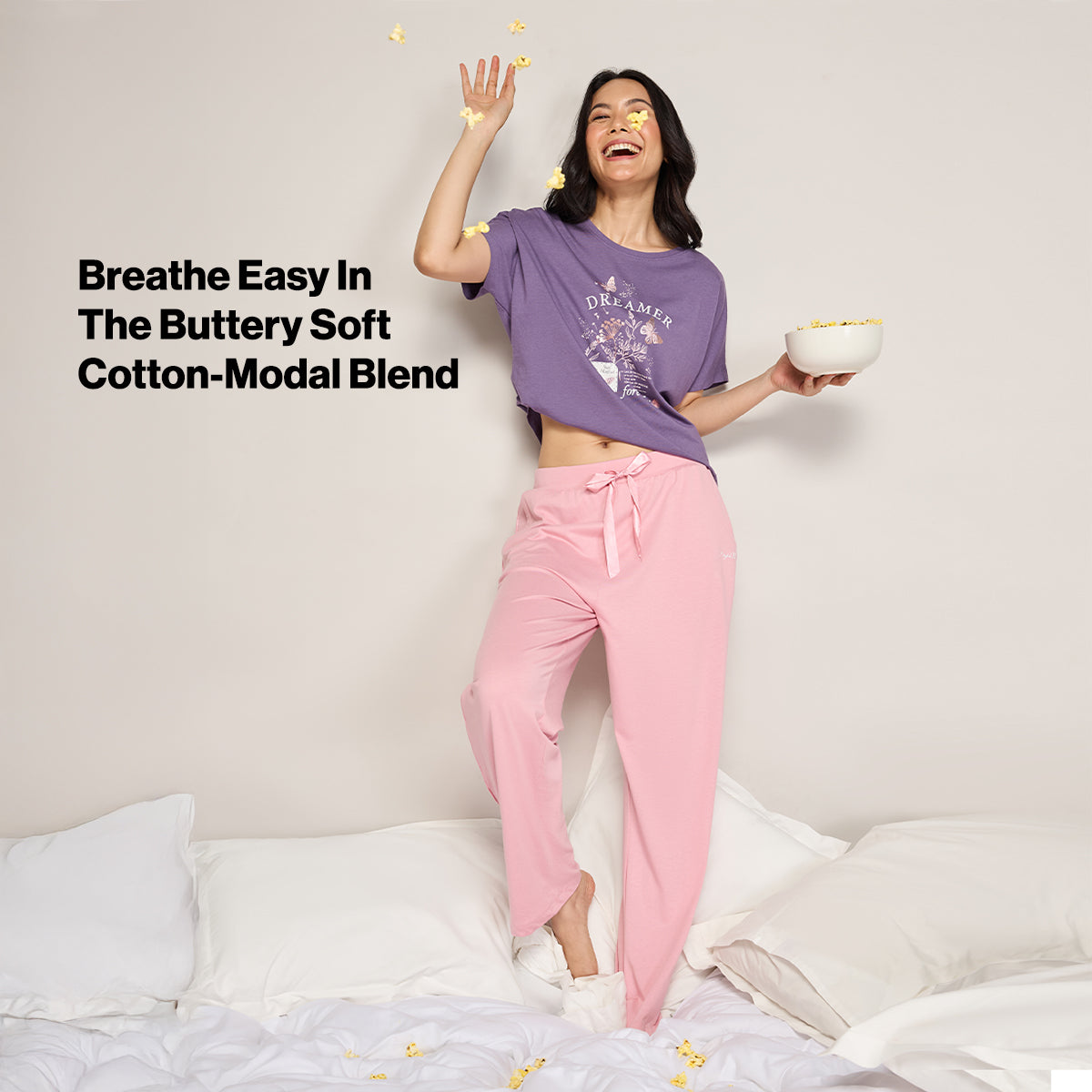 NYKD BY NYKAA BUTTERY SOFT MODAL COTTON PYJAMA WITH CLEAN ELASTICATED WAIST & POCKETS NYS911 PINK