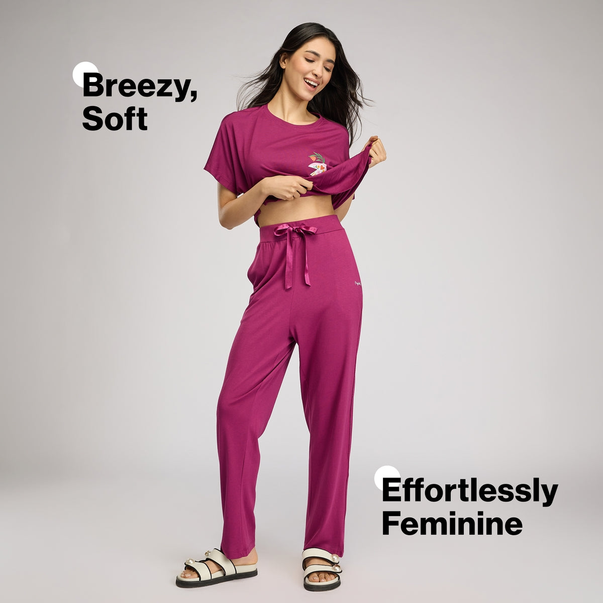 NYKD BY NYKAA BUTTERY SOFT MODAL COTTON PYJAMA WITH CLEAN ELASTICATED WAIST & POCKETS NYS911 Wine