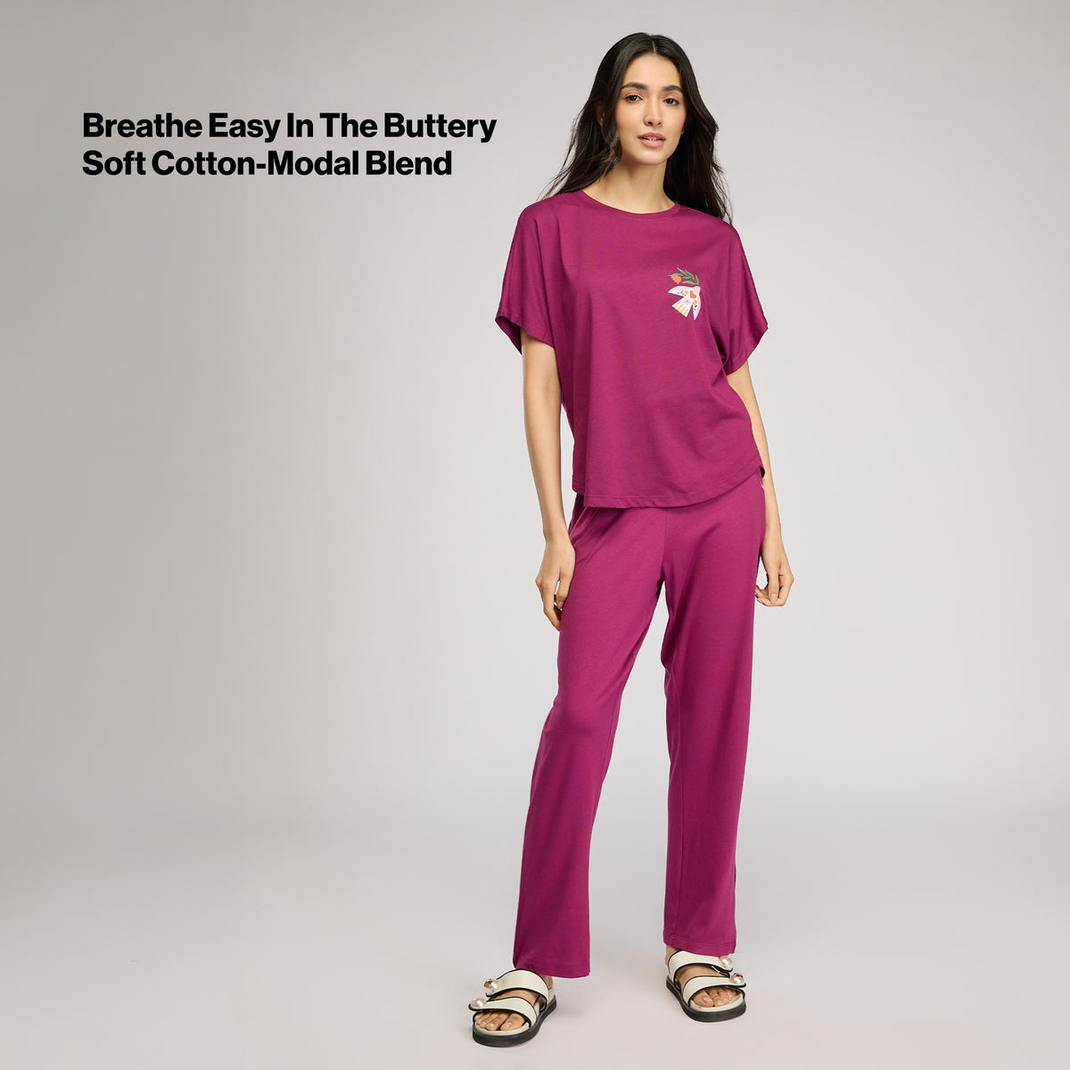 NYKD BY NYKAA BUTTERY SOFT MODAL COTTON PYJAMA WITH CLEAN ELASTICATED WAIST & POCKETS NYS911 Wine