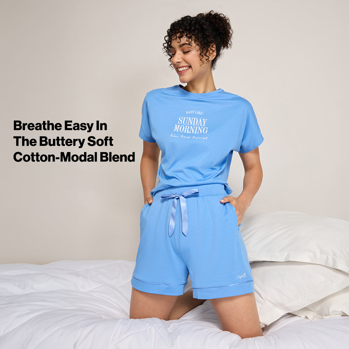NYKD BY NYKAA BUTTERY SOFT MODAL COTTON SHORTS WITH CLEAN ELASTICATED WAIST & POCKETS NYS912 Light Blue