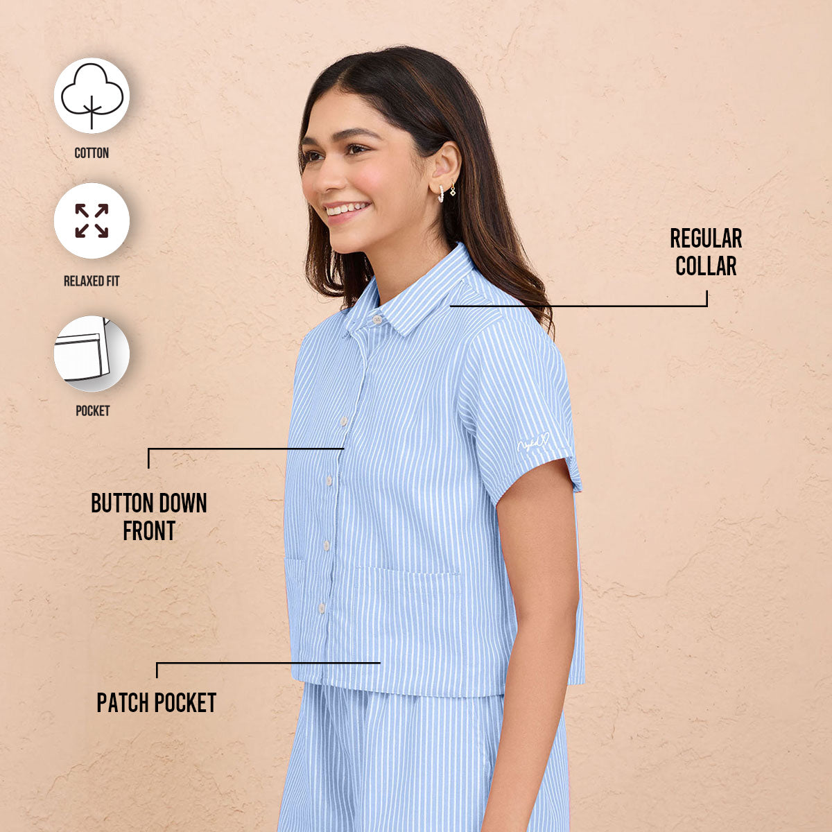 Nykd By Nykaa Super Comfy Relax Fit Cotton Boxy Shirt-NYS913-Blue Stripe
