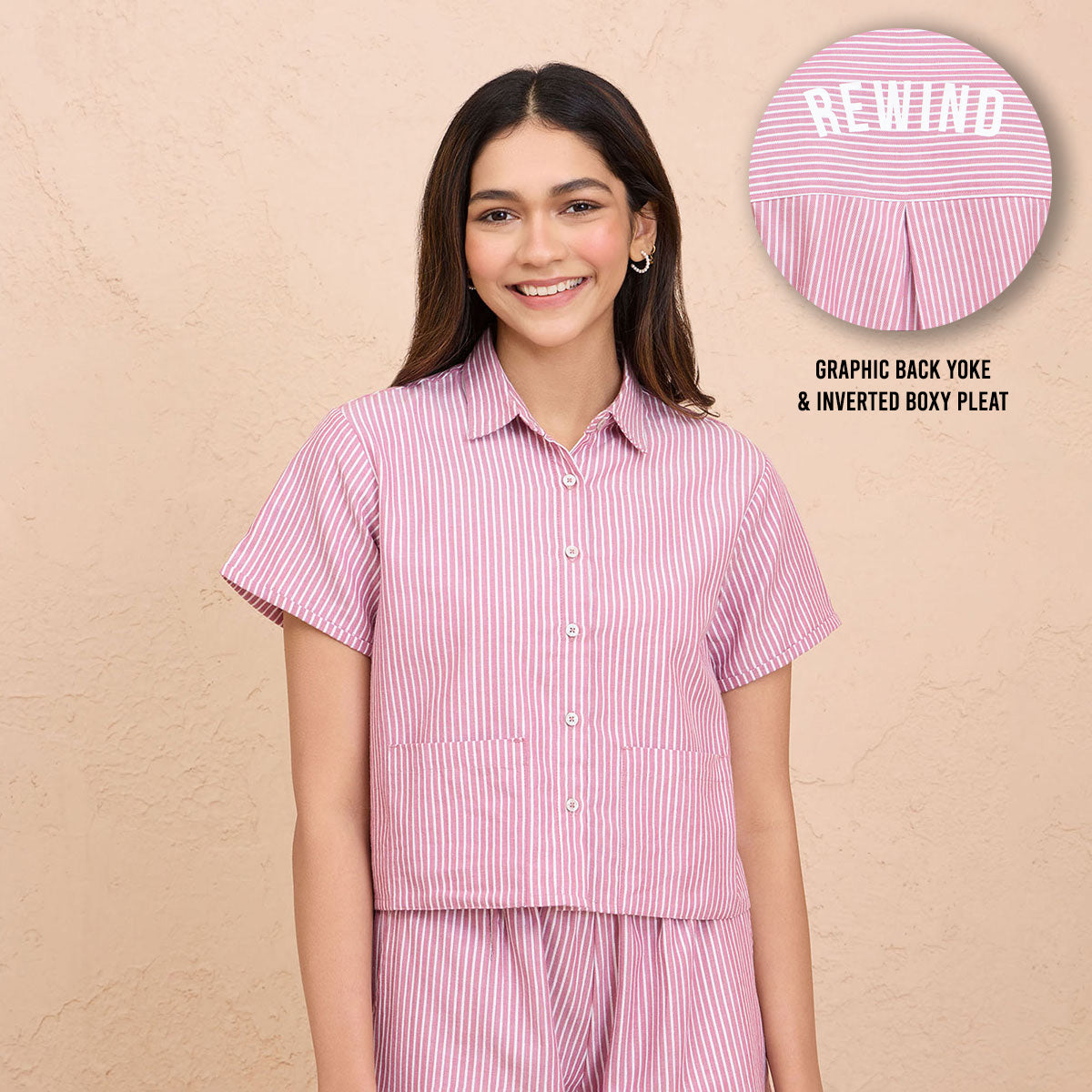 Nykd By Nykaa Super Comfy Relax Fit Cotton Boxy Shirt-NYS913-Grape stripe