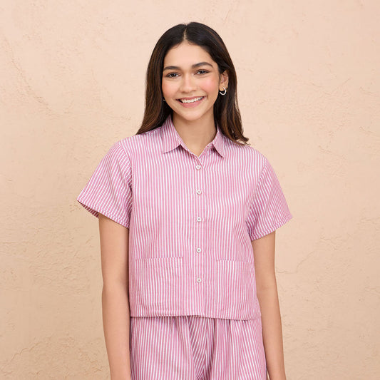 Nykd By Nykaa Super Comfy Relax Fit Cotton Boxy Shirt-NYS913-Grape stripe