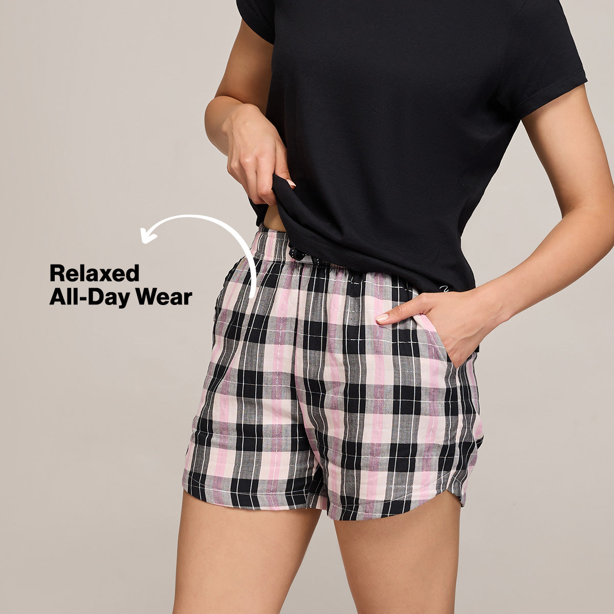 Nykd By Nykaa Essential Cotton Shorts With Pockets & Adjustable Waist Nys914 Black Pink Check