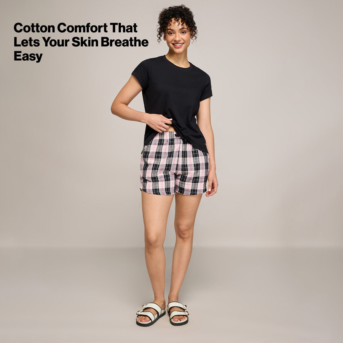 Nykd By Nykaa Essential Cotton Shorts With Pockets & Adjustable Waist Nys914 Black Pink Check