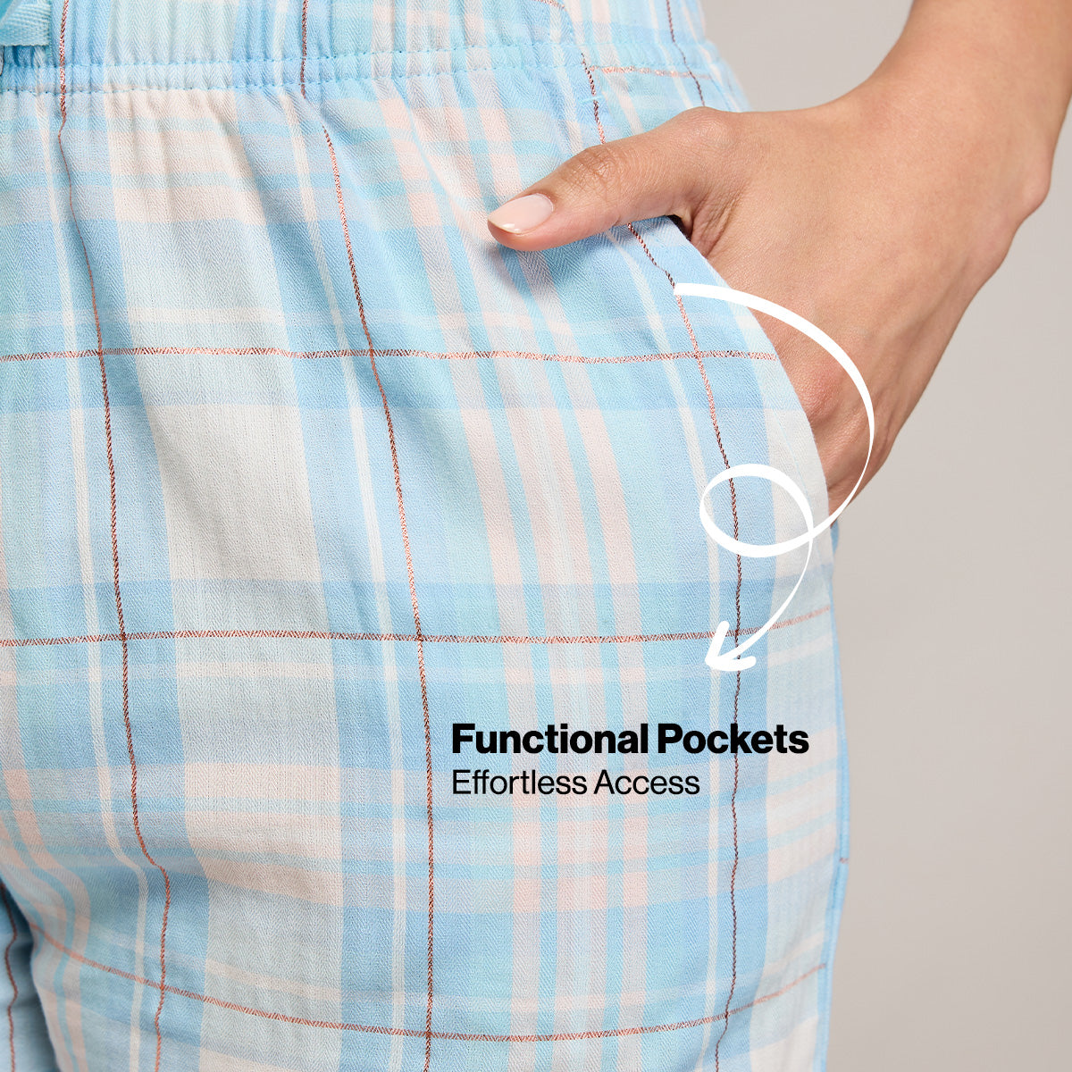 Nykd By Nykaa Essential Cotton Shorts With Pockets & Adjustable Waist Nys914 Blue Peach Check