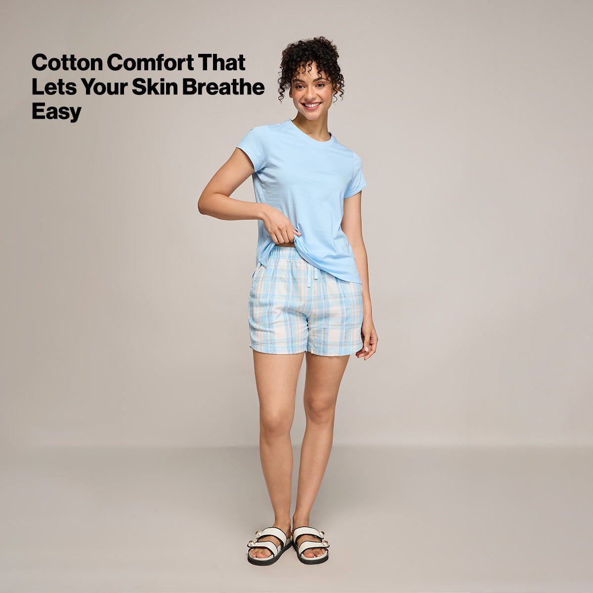 Nykd By Nykaa Essential Cotton Shorts With Pockets & Adjustable Waist Nys914 Blue Peach Check