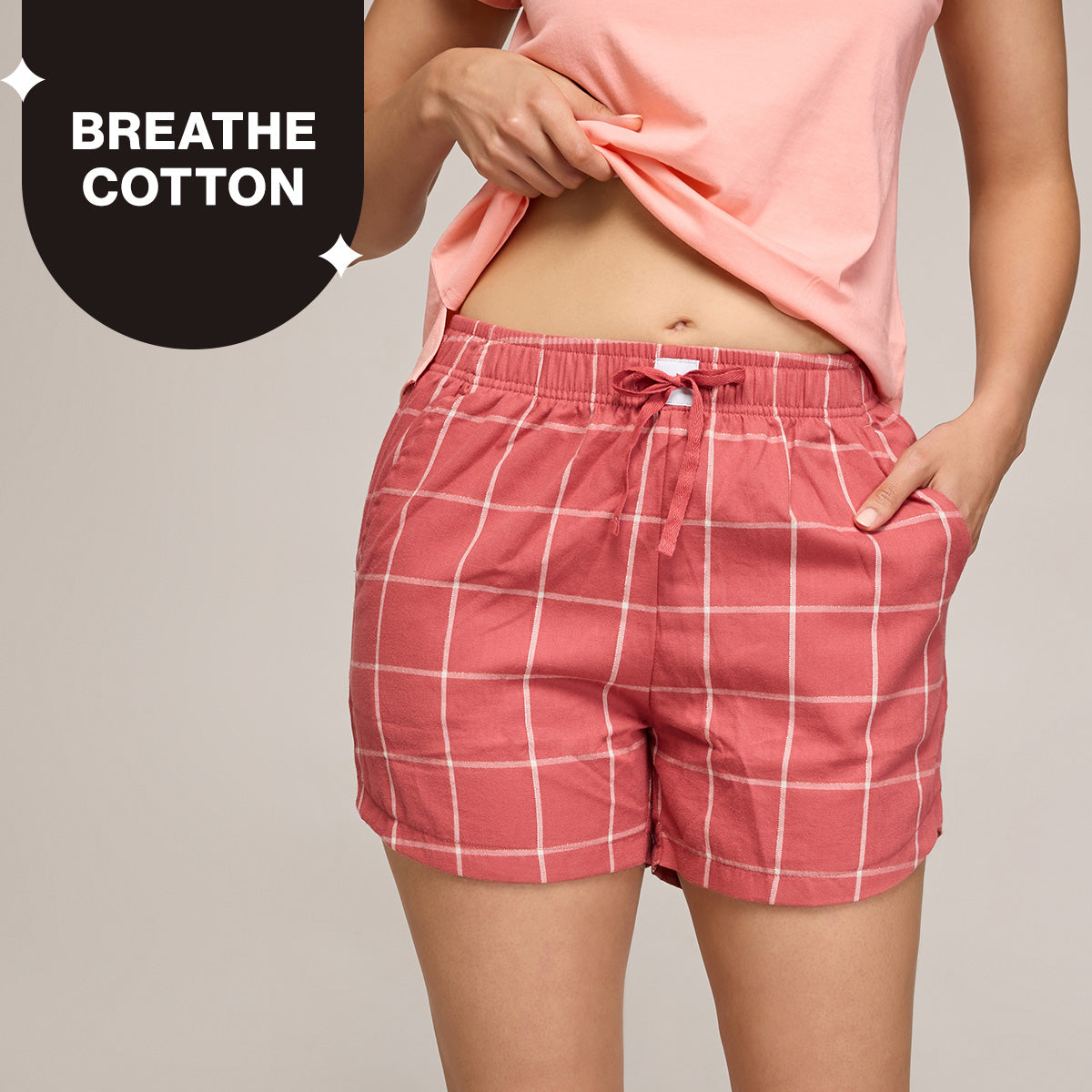 Nykd By Nykaa Essential Cotton Shorts With Pockets & Adjustable Waist Nys914 Brick Check