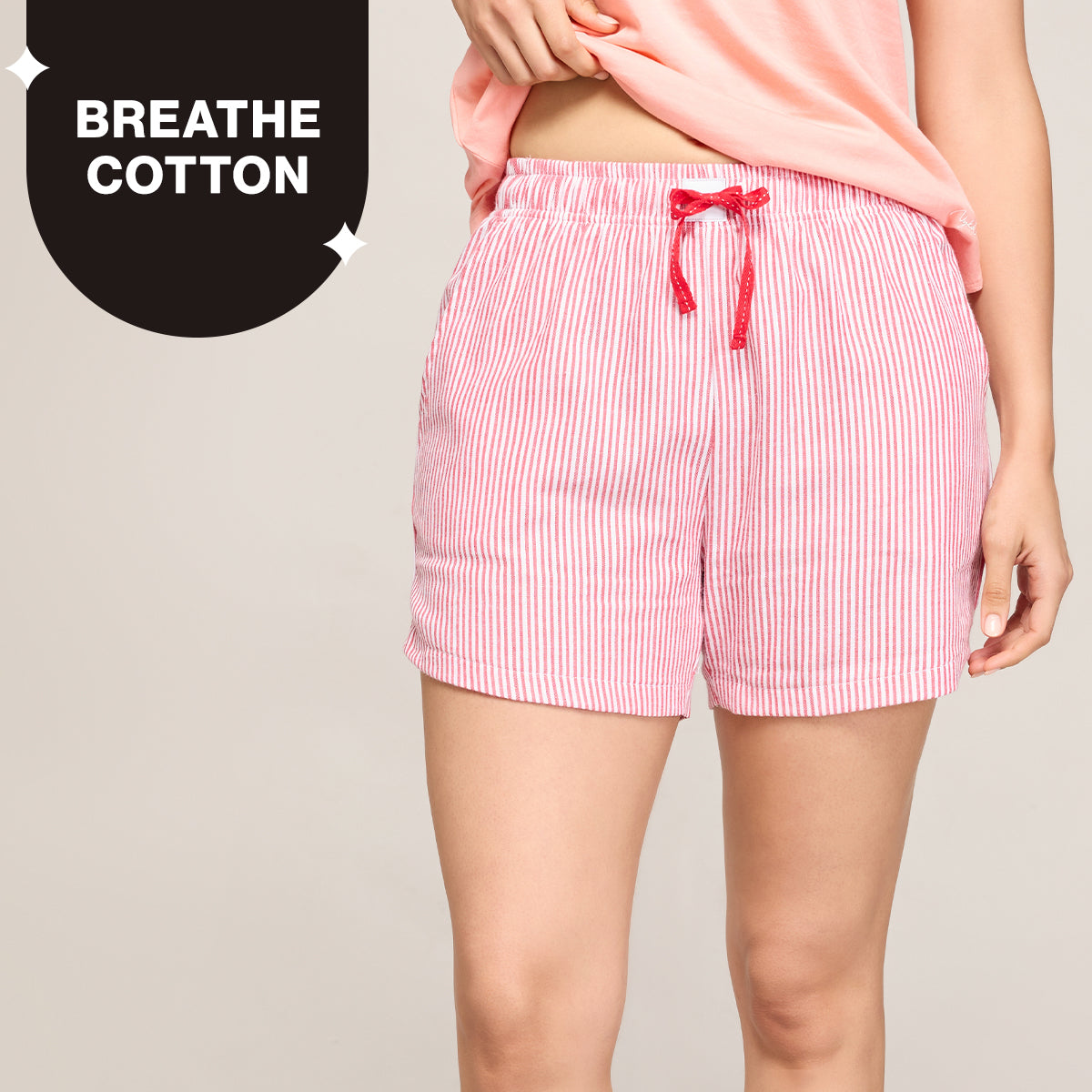 Nykd By Nykaa Essential Cotton Shorts With Pockets & Adjustable Waist Nys914 Coral Stripe