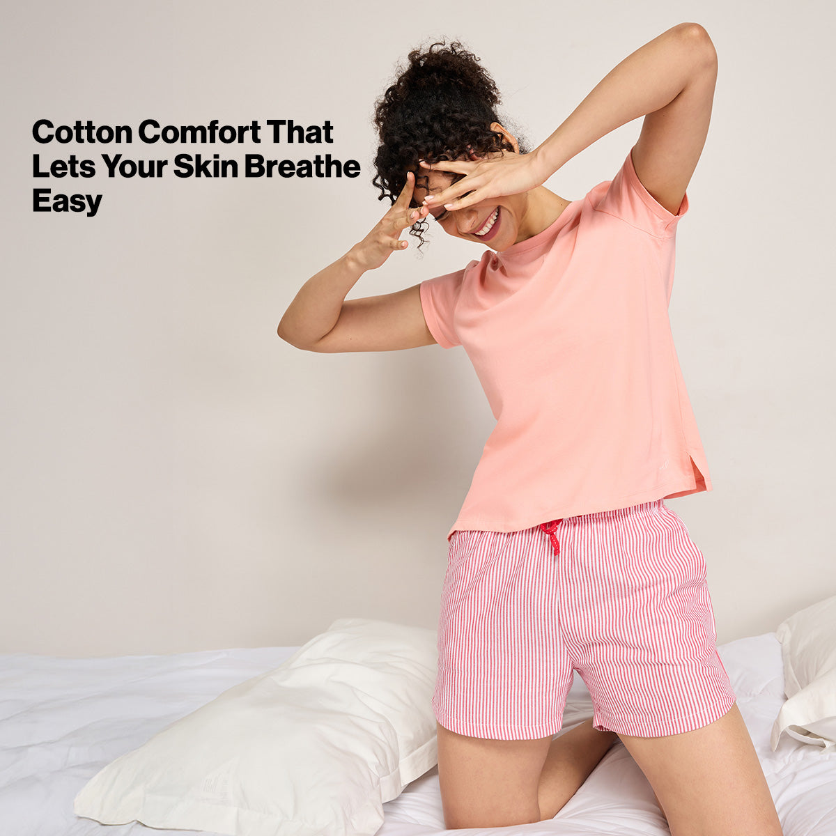 Nykd By Nykaa Essential Cotton Shorts With Pockets & Adjustable Waist Nys914 Coral Stripe