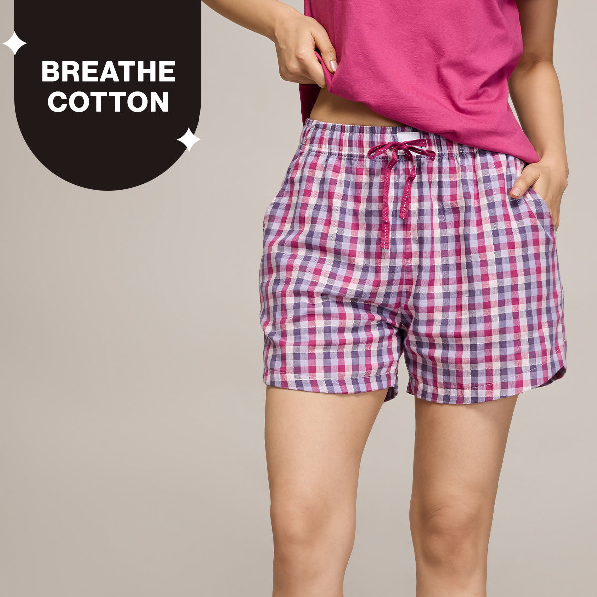 Nykd By Nykaa Essential Cotton Shorts With Pockets & Adjustable Waist Nys914 Grape Check
