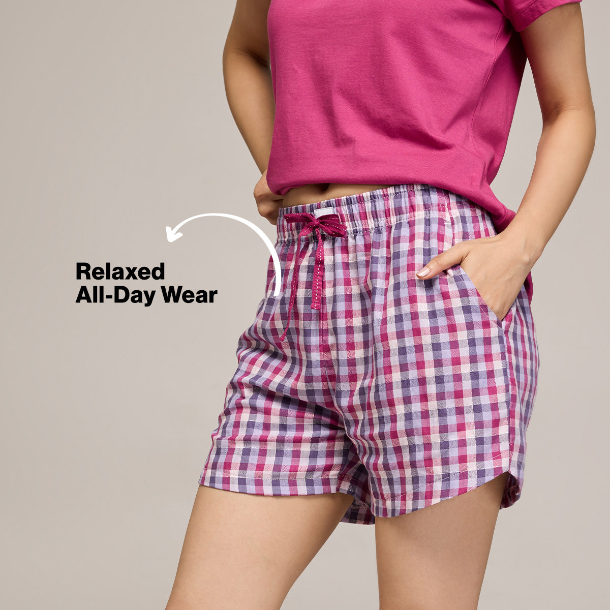 Nykd By Nykaa Essential Cotton Shorts With Pockets & Adjustable Waist Nys914 Grape Check
